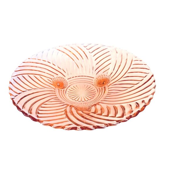 Romantic Pink Depression Glass Bowl Swirl Ribbed Footed Plate Scalloped Home Dec - Picture 2 of 11